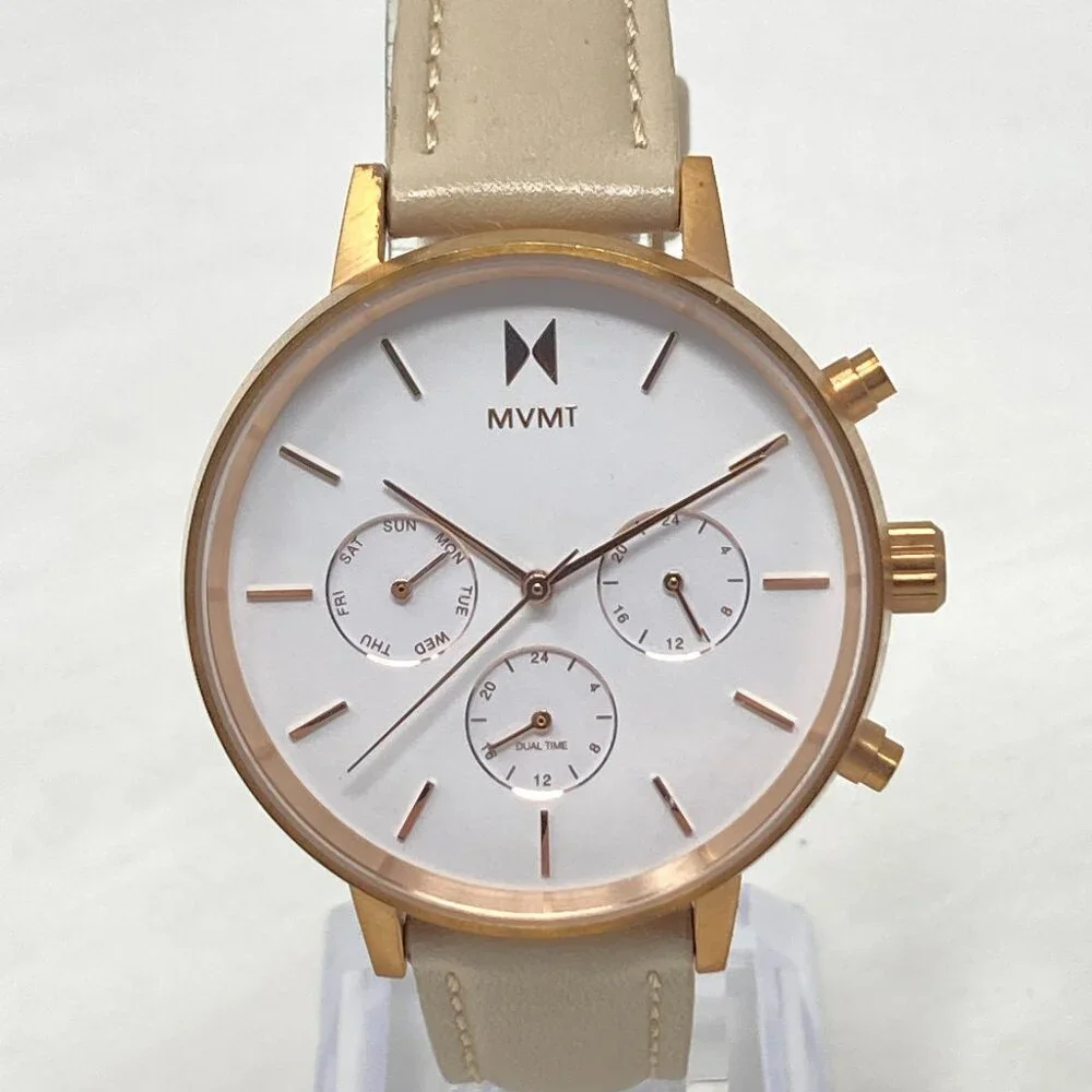 MVMT Nova Luna Women Watch 37mm Rose Gold Tone Dual Time Day Leather New Battery
